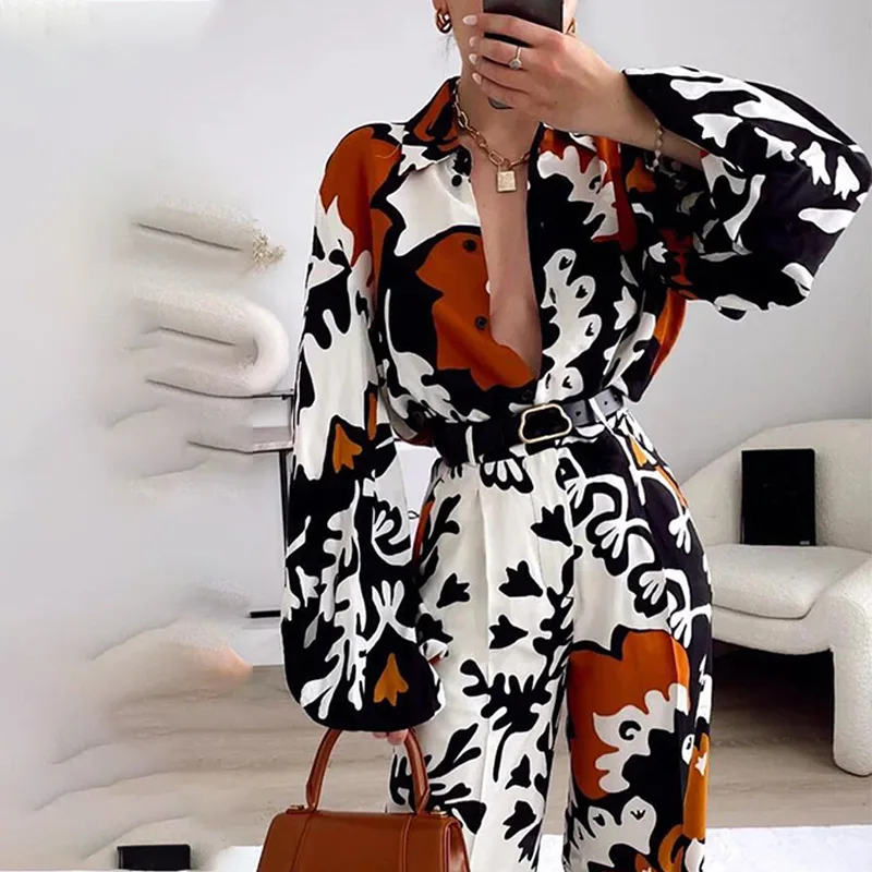 Vacation Outfits Y2K INS Long Sleeve Button Shirt Top Loose Pants Suit Tracksuit Autumn Print Pants Two Piece Set for Women 2024