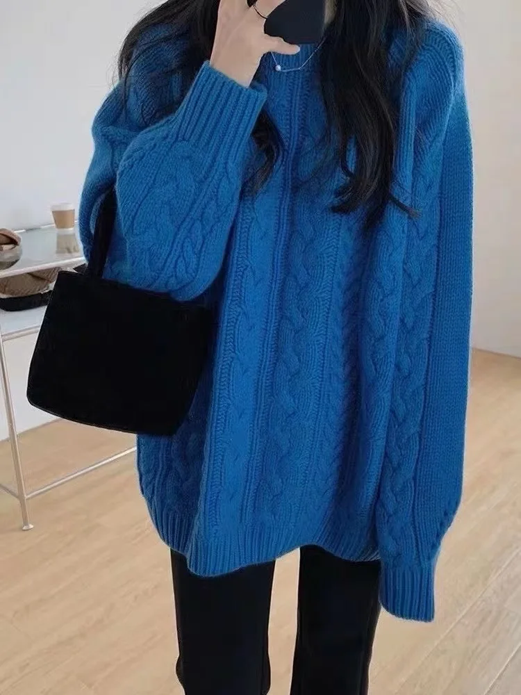 

Klein Blue Twisted Knit Sweater Women's Autumn Winter New plus Size Fufu Flower Long Sve round Ne Warm Slimming Top