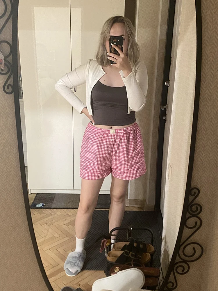 

Женские шорты с эластичным поясом, наряд для девочек-подростков, красный, синий клетчатый, повседневный салон, лето