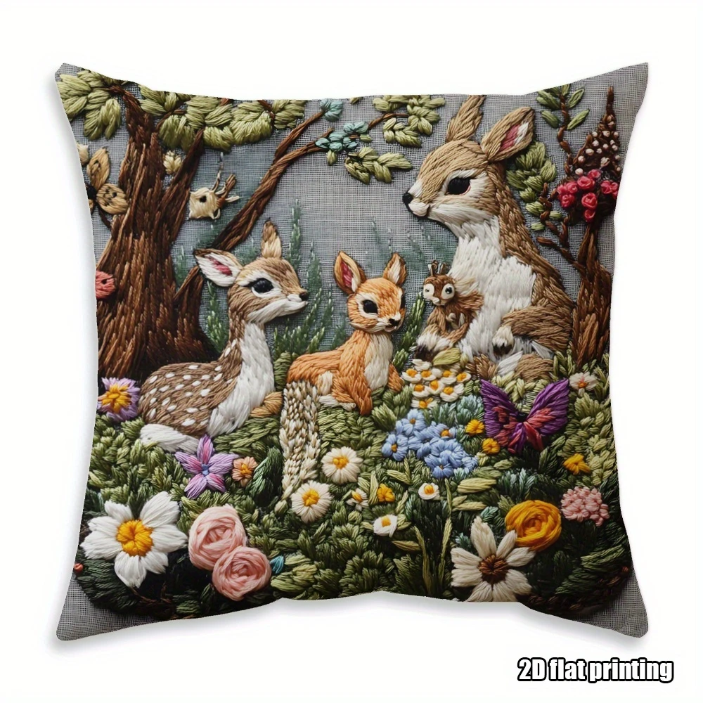 2D flat- #  Vintage Forest Animal Family Throw Pillow Cover Rustic Wildflower Deer Rabbit Home Decor