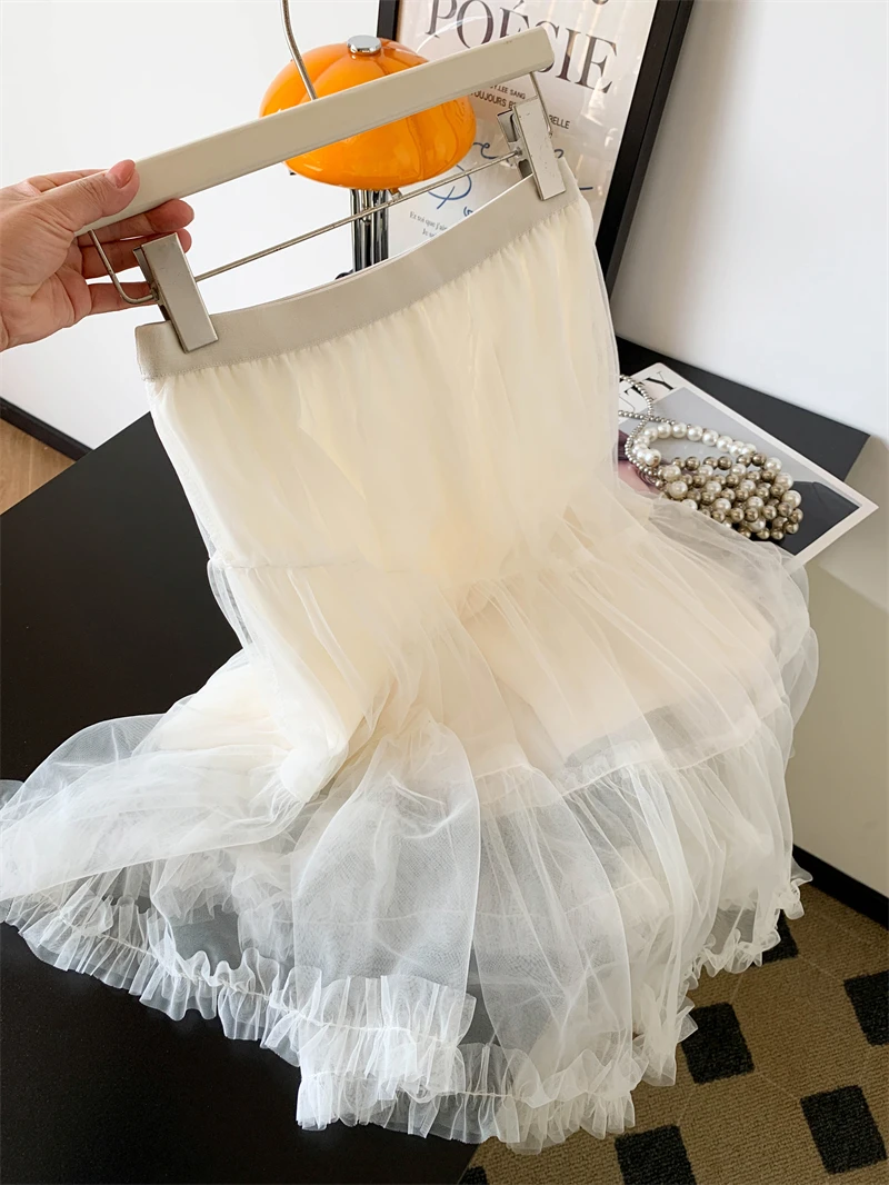 Falda Semi-Body Ele con Ribete de Encaje, Cintura Alta, Silueta en A, para Mujer, Ropa Casual de Primavera/Verano, Estilo Dulce