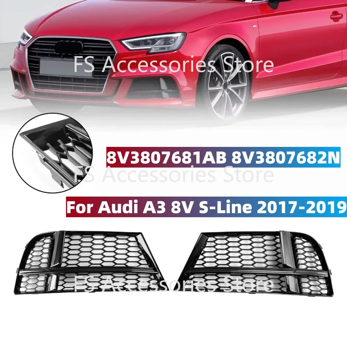 Car Front Bumper Fog Light Lamp Cover Grille Lower Grill 2017-2019 8V3807681AB 8V3807682N For Audi A3 8V S-Line