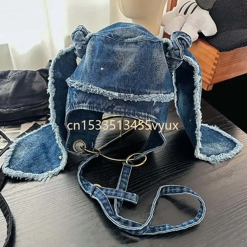 

X5QD Ripped Pullover Hat with Rabbits Ears Sunproof Caps Outdoor Activity Hat Adjustable Strap Caps for Women Girl Everyday Use