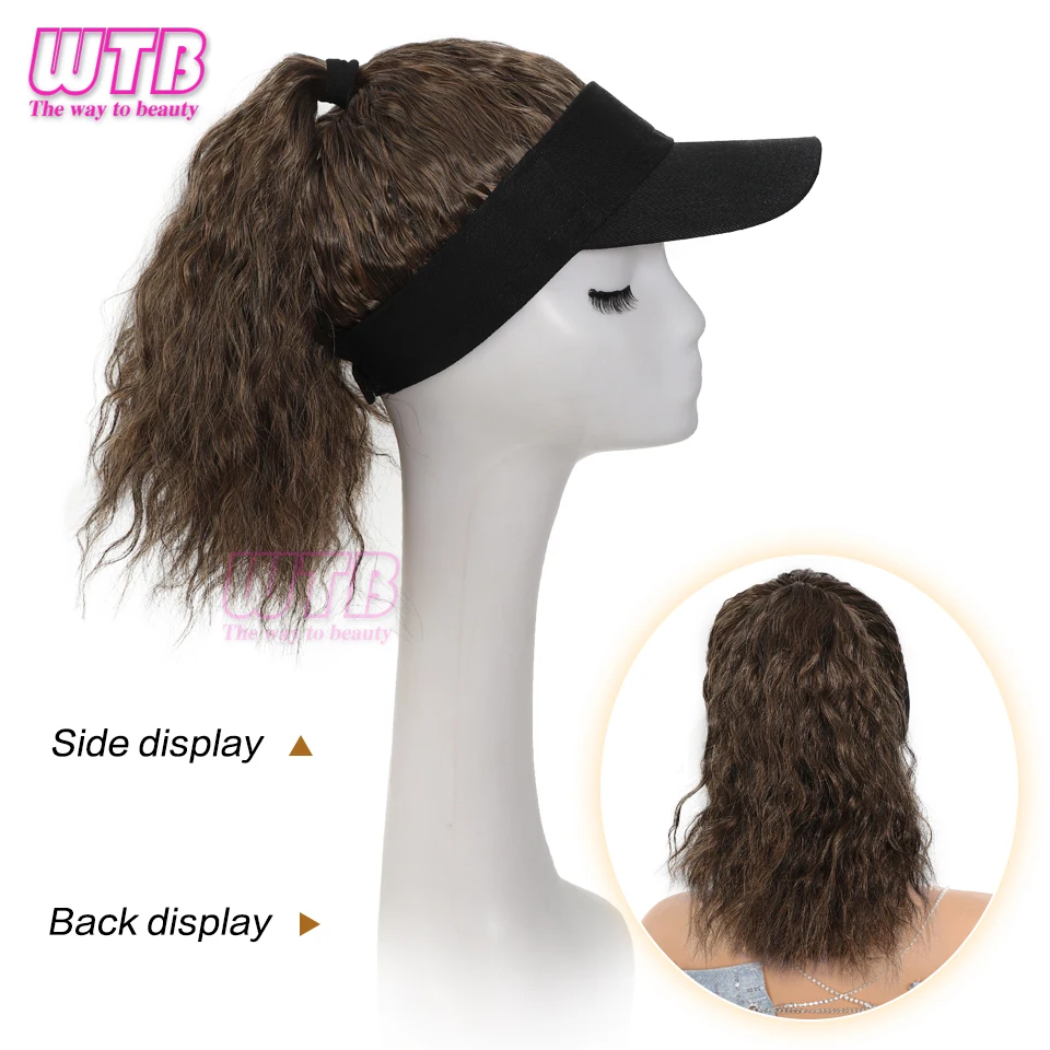 WTB peruca chapéu com rabo de cavalo feminino, boné de beisebol, cabelo encaracolado fofo