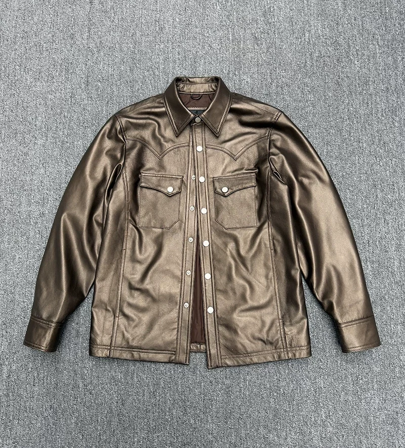 Light soft first layer sheepskin shirt brown gold leather jacket men's shirt jacket lapel leather jacket jacket