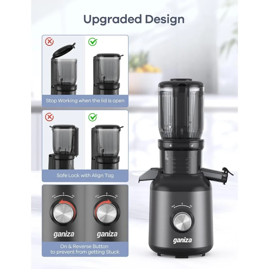 大きな投入口を備えたコールドプレスジューサーは、果物や野菜を丸ごと投入できるように設計されており、3つの機能を備えた低速咀嚼ジューシング技術を採用しています。