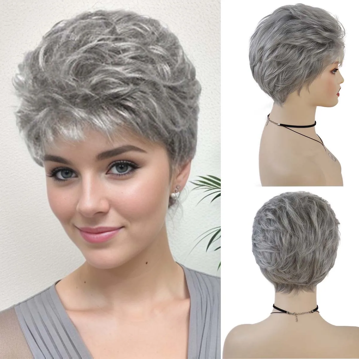 Premium Synthetic Short Grey Wig for Women Natural Wigs with Bangs Mother Gift Soft Old Lady Costume Daily Cosplay Grandma Use