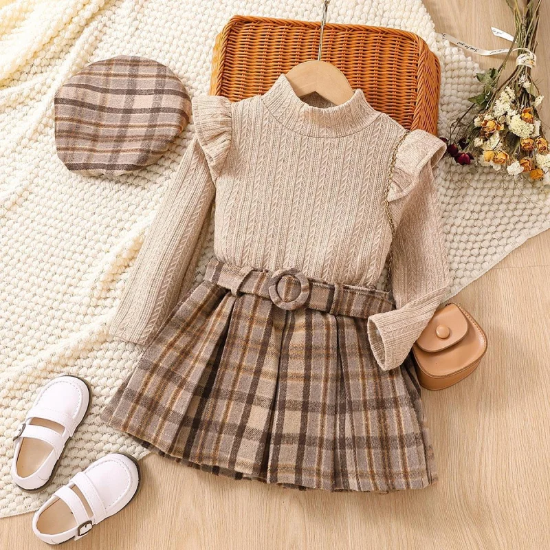 

Children's clothing girls' set: long-sleeved lace collar plaid pleated skirt with belt and beret set4Set