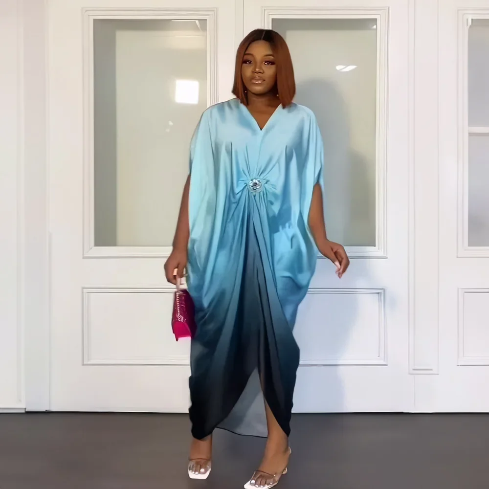 African Fashion Loose Robe Rayon Fabric Bat-Sleeve V-Neck Dress African Evening Dress Satin Dashiki for Women 2025 Summer Dress image 5