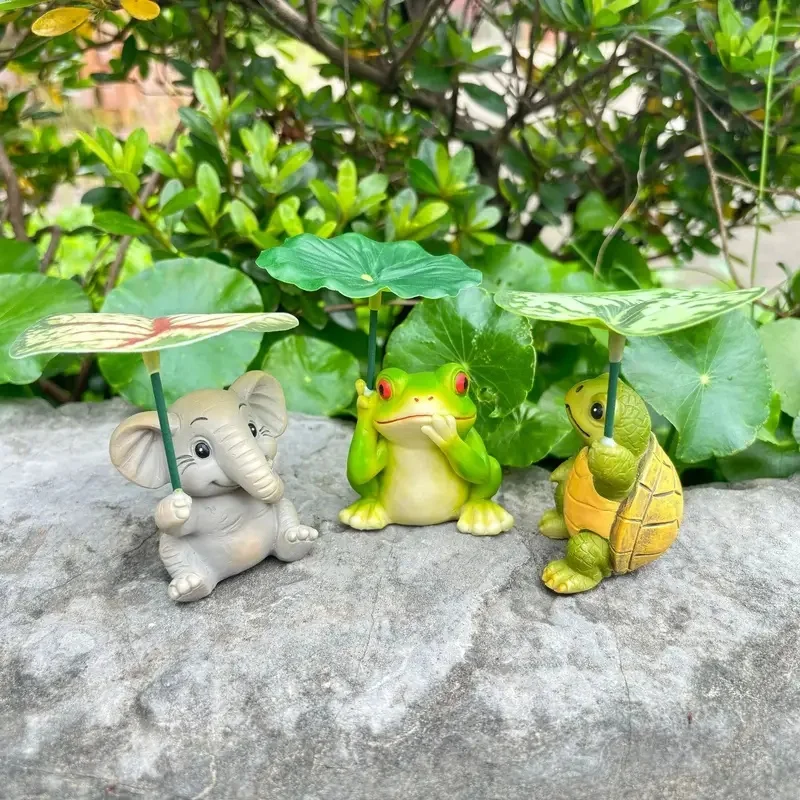 Resin Animal Figurines Set - Frog Elephant Turtle Garden Statues Outdoor Yard Decor with Leaf Umbrella Ornamental Gifts