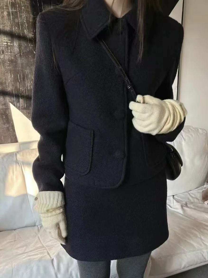 한국 슬레 오트 플란넬 재킷 싱글 버튼 시크 아웃핏 엘레 스커트 여성 패션 세트 겨울 성인 여성용