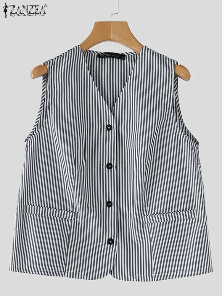 ZANZEA 2024 Summer Fashion Tank Tops Casual Loose Women Sleeveelss Tees Sexy V-Neck Shirts Elegant Buttons Pockets Blusas Femme