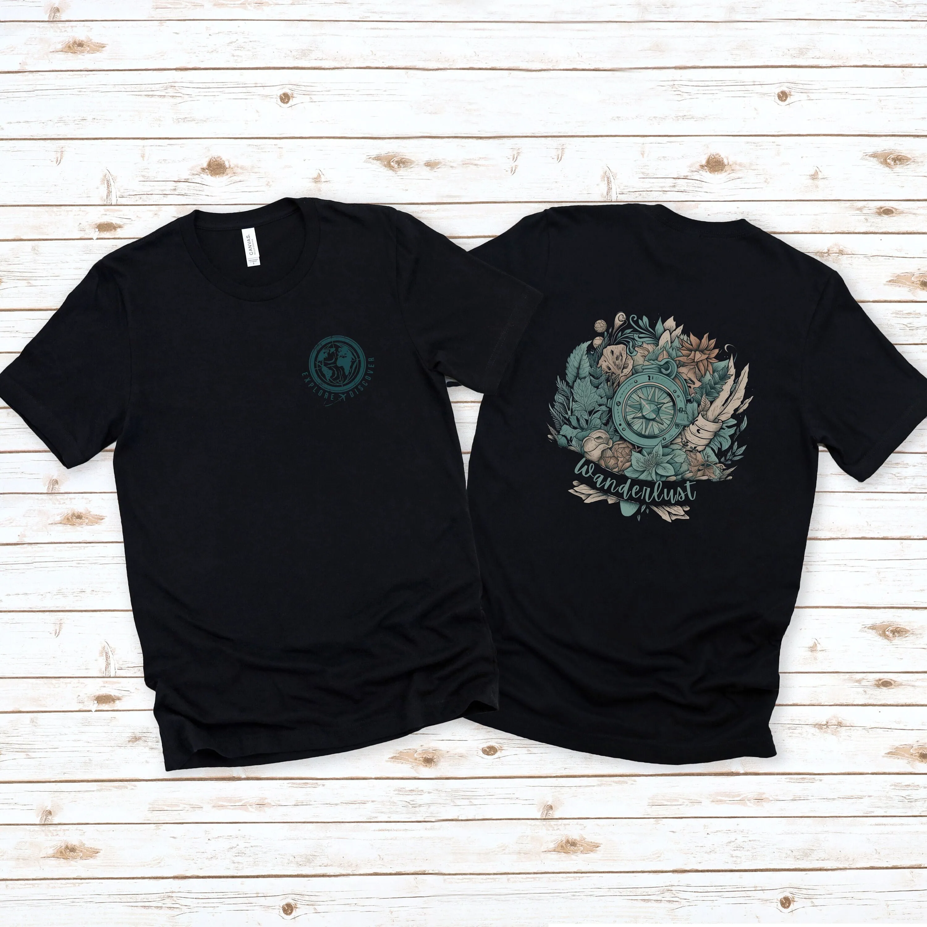 Wanderlust T Shirt Front And Back Design With Explore Discover Globe On The A Compass Of