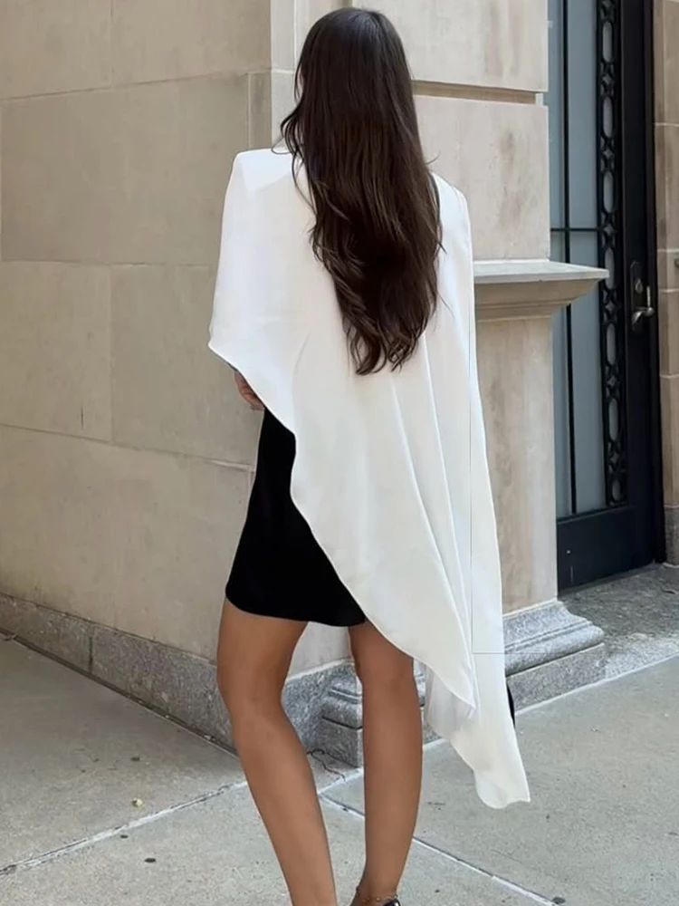 Trendix Biała Asymetryczna Narzutka Damska Modna Bluzka z Falbanką Luźna Koszula z Krótkim Rękawem Casual Elegancka Bluzka do Pracy