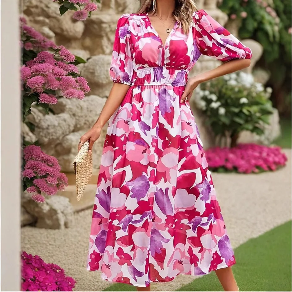 

Fashion Holiday Women's Flower Printed V-neck Waist DressVacation Style Summer Leisure Printed Waist Collection Long Skirt