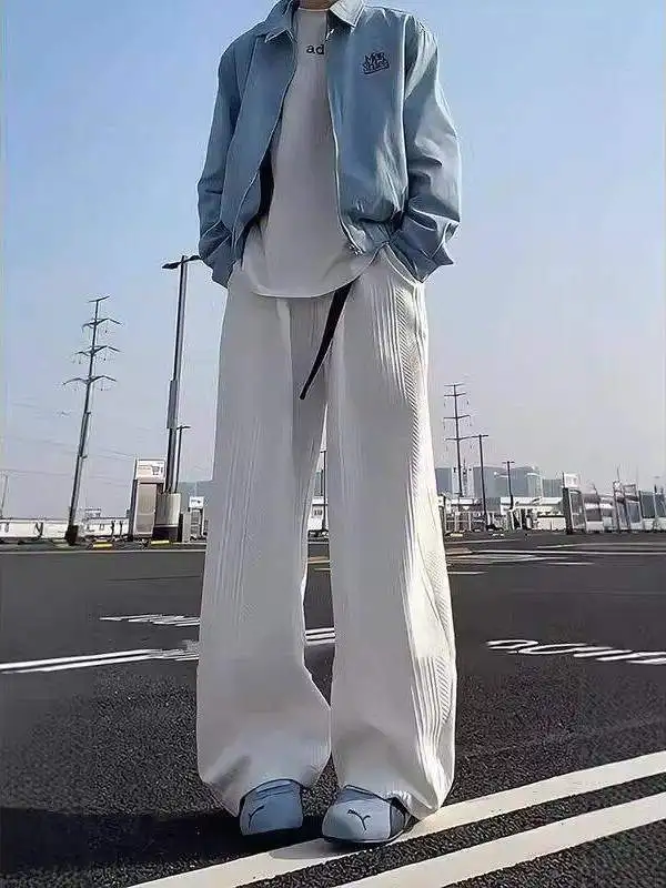 

Белые текстурированные мужские повседневные брюки прямого кроя с поясом, свободные широкие брюки для подростков, весна-лето, модные повседневные штаны