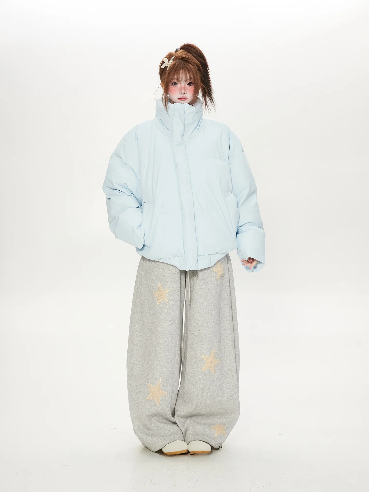 

Dopne Sweet Soft Blue Stand Collar Bread Coat Women Winter Warm Loose ort Cute Cotton Jaet Korean Sle Thiened Long...