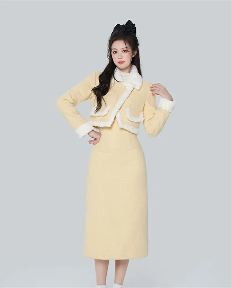 2-Piece Dress Set for Women, Long Sleeve Jacket and Skirts, Korean Fashion Suits, Elegant Temperament Gown, Autumn and Winter