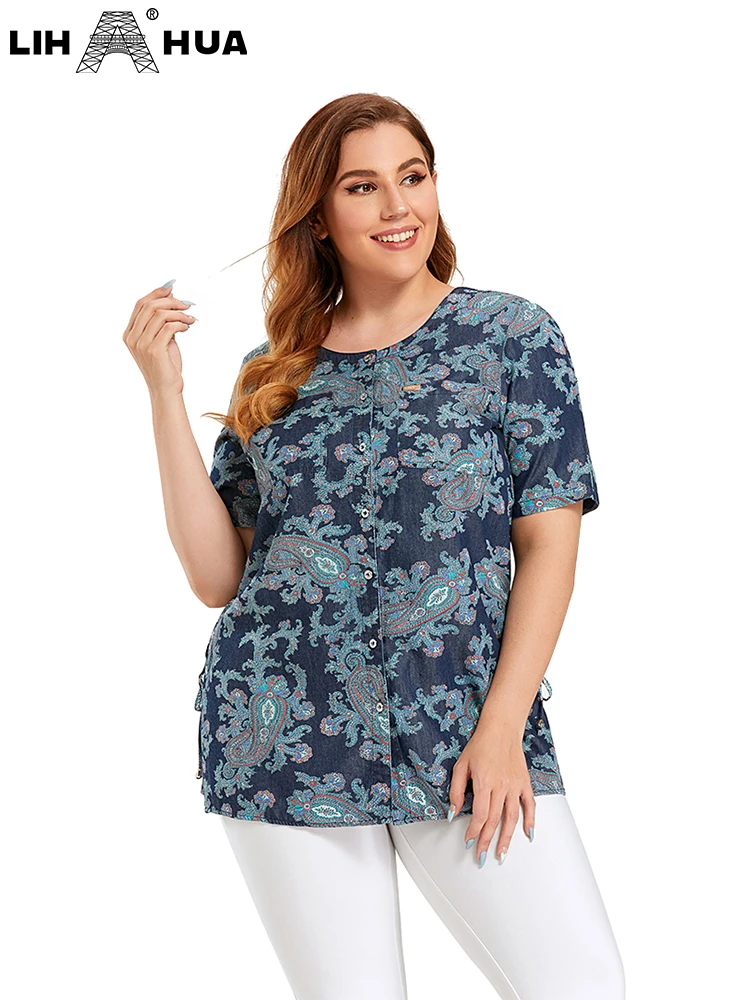 LIH HUA Blouse Plus Size Denim Shirt Summer Casual Short Sleeve Belt Fashion Print Woven Shirt