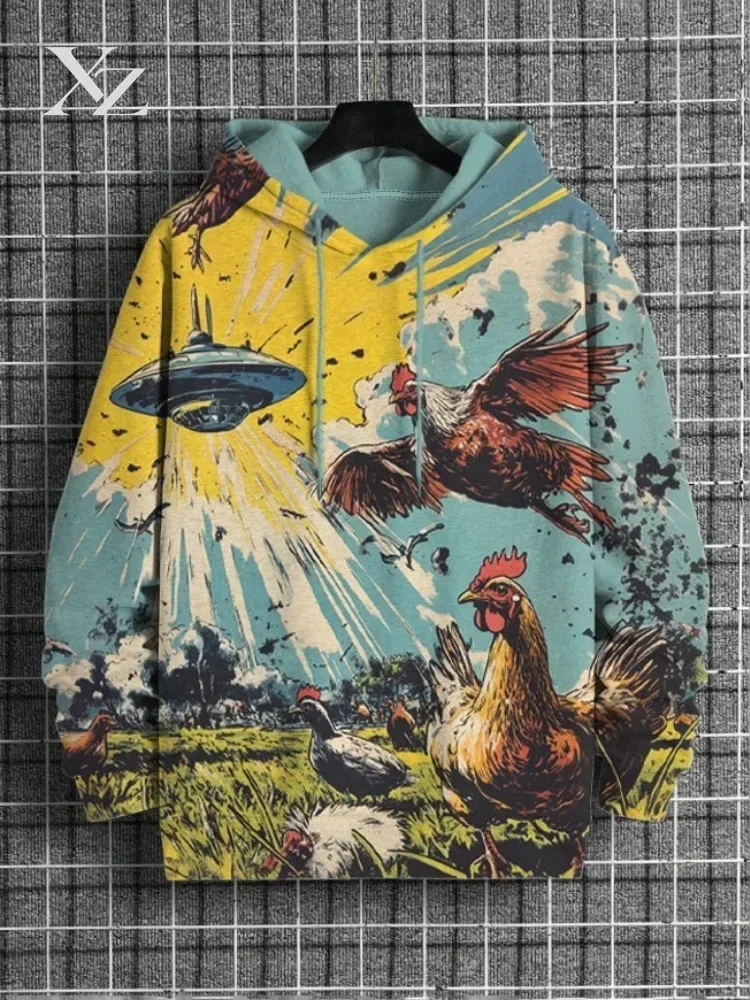 Men's Casual Hoodie Chicken UFO Explosion Sci-Fi Art Print 2026 Autumn Long Sleeve Harajuku Japanese Tunics Man Clothes