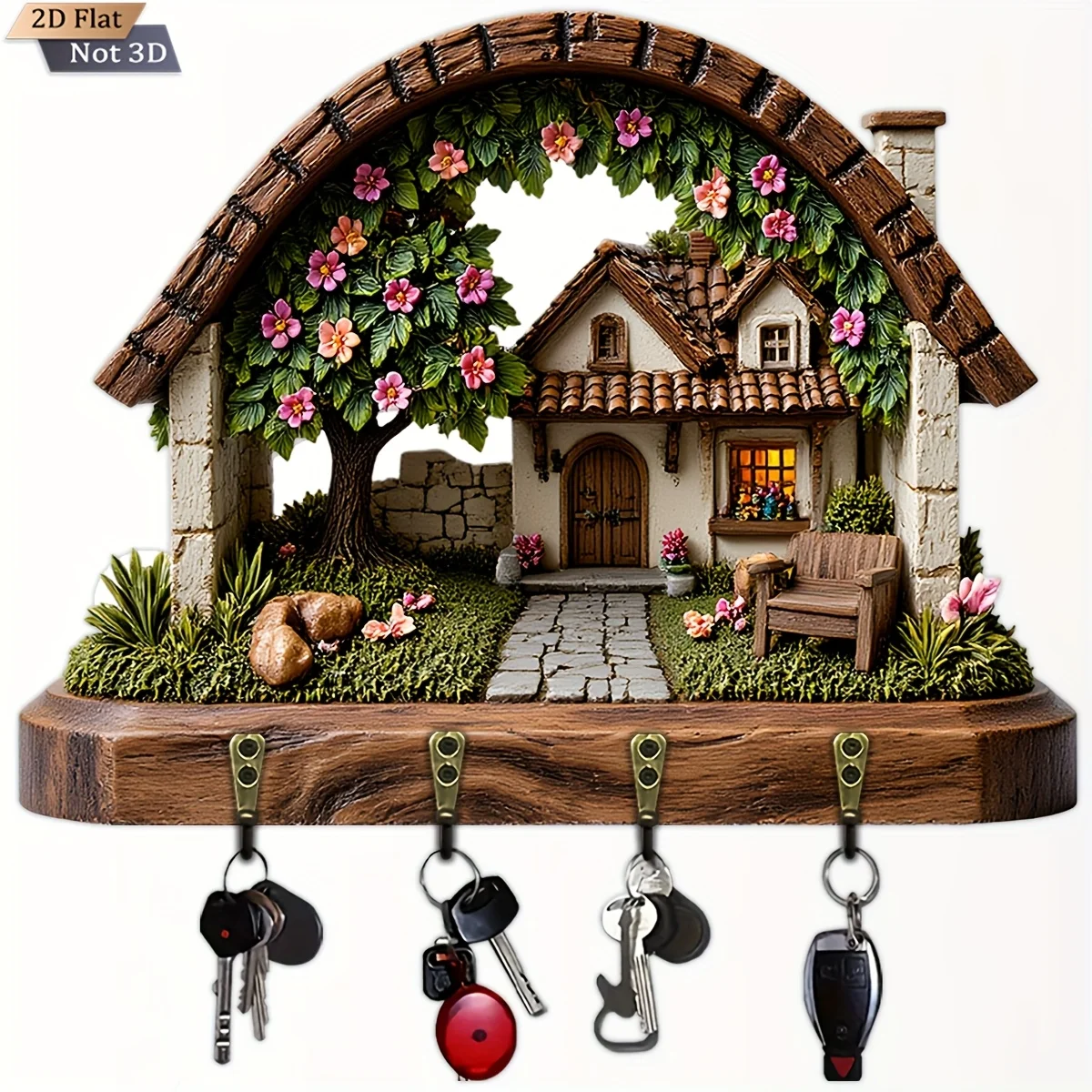 2D Flat, 1pc, Arch Garden Cottage Key Hook Wooden Multifunctional Home Key Holder with Four Metal Hooks, Wall Decoration, Porch