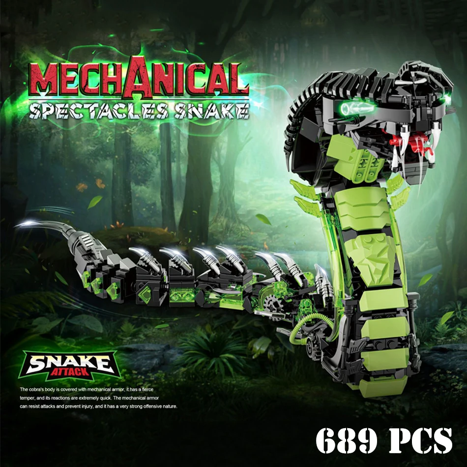 689Pcs City MOC Steampunk Mechanical Cobra Model Bionic Animals Snake Building Blocks Set with Lighting DIY Bricks Toy Kids Gift