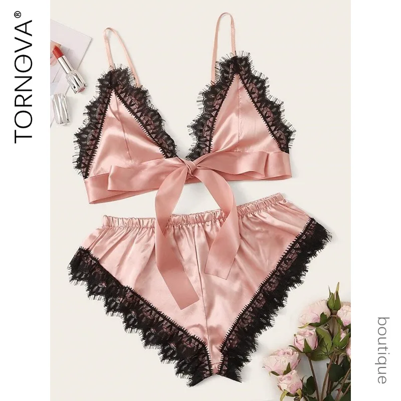 

Tornova Sexy Lingerie Suit for Women Bow Knot Lace Up Lace Patchwork Sexy Contrast Color 2-piece Pajamas Set Sexy Underwear New