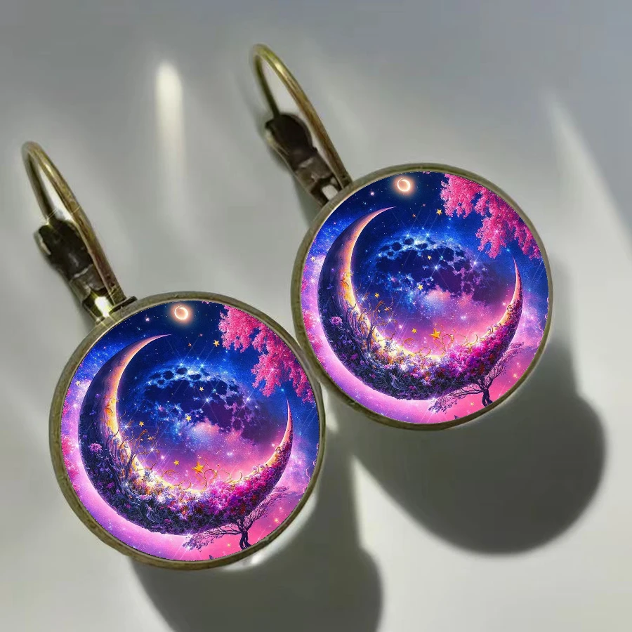 Dream Moon Tree Earrings Hot Selling Colorful Moon Picture Glass Convex Round Earrings for Women\'s Birthday Gifts Jewelry