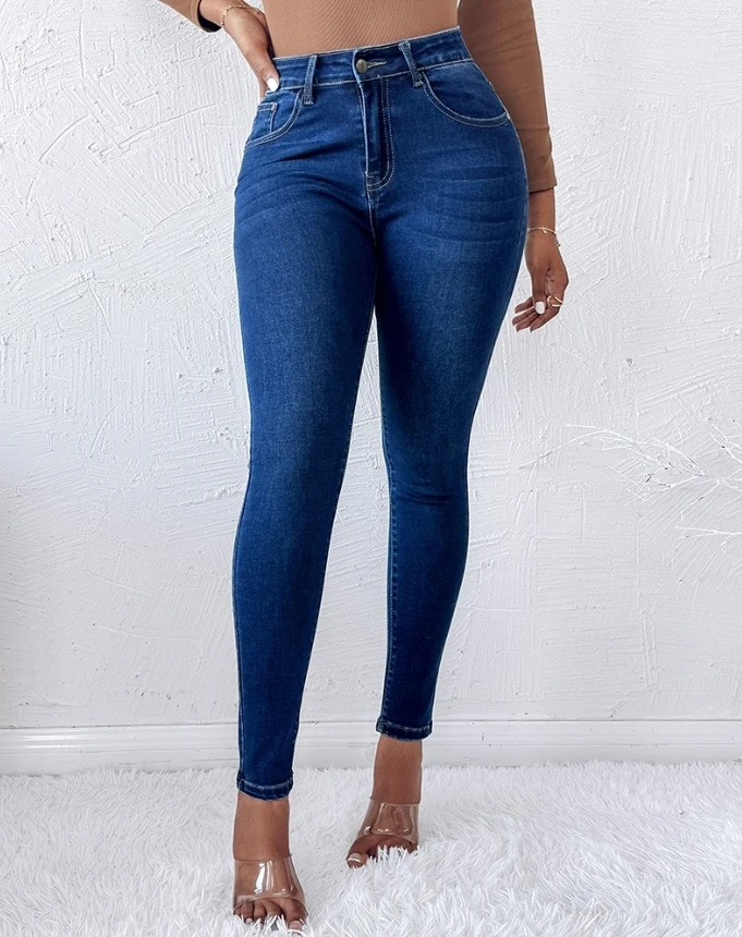 New Pocket Design for Middle-Aged and Young Women, High Waisted Tight Fitting Long Jeans, Hot Selling and In Stock