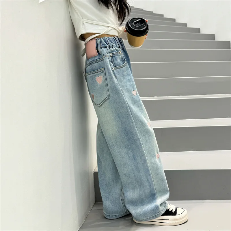 Girls High Waist Children Casual Style Children Clothing Spring Fall Trousers 5-14Y Girls Jeans with Love Pattern Kids Pants