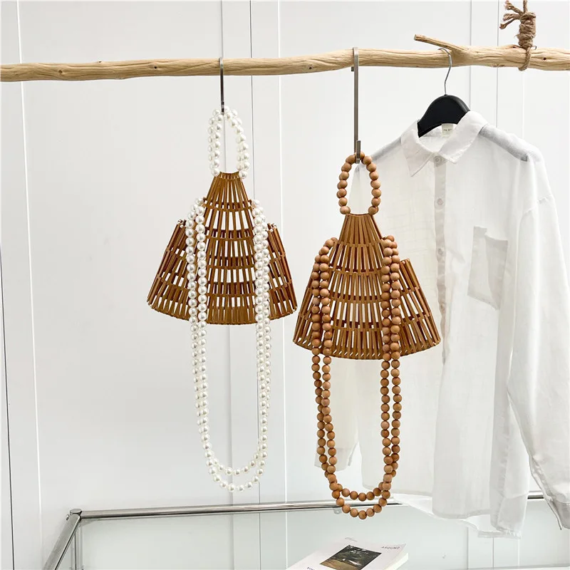 Hollow Bamboo Woven Bags for Women Handbag Pearls Wooden Beading Bag Handmade Knitting Beach Bag Luxury Shoulder Crossbody Bags