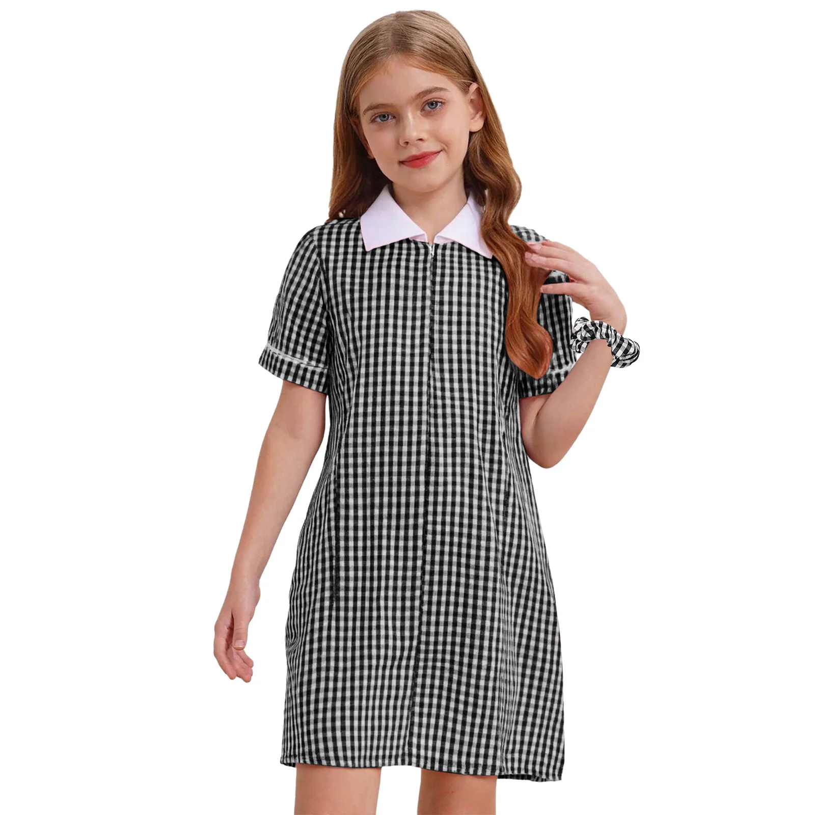 

Kids Girls Shirt Dress Casual Turn-down Collar Front Zipper Short Sleeve Plaid Pleated Hem A-line Dress+Hairband School Uniform