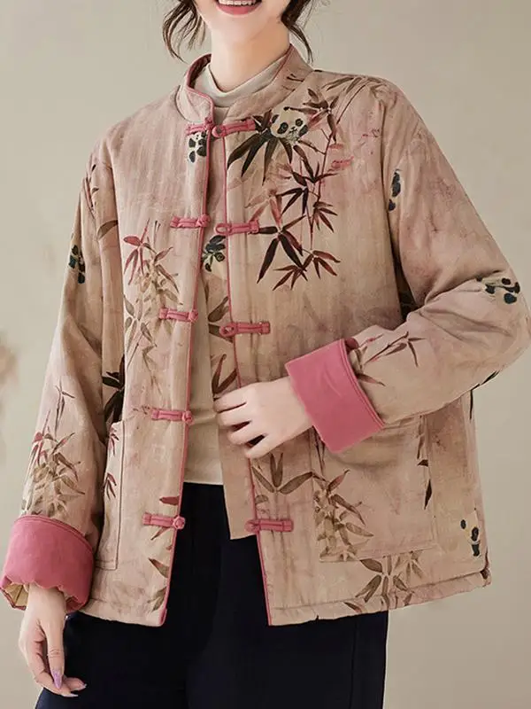 Retro Chinese Style Thickened Cotton Jacket Women's Winter Warm Coat with Button Print Design Stand Collar Long Sleeve