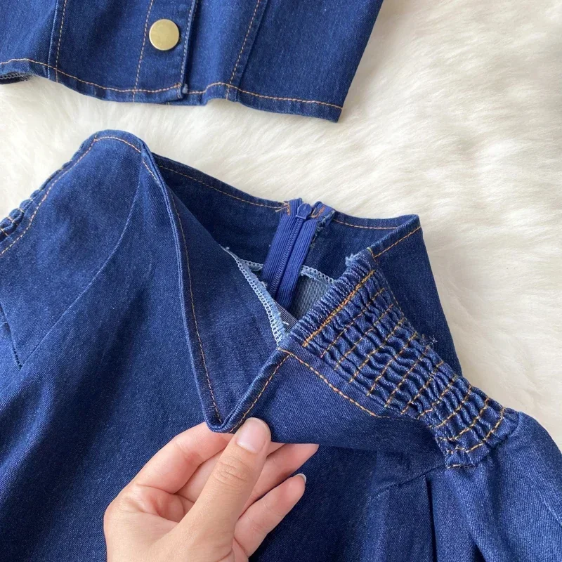 

Women Dress Stets Denim Washing Two Pieces Strapless Vest Sheath Basics Pleated Mini Skirts Solid Pockets 2025 Button Sexy