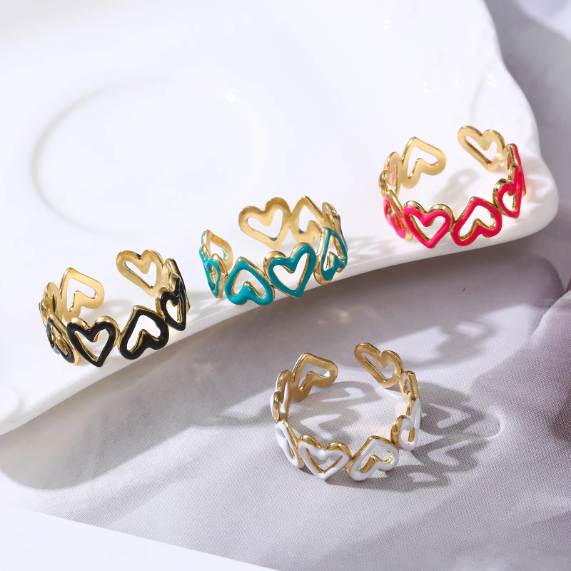 Colorful Hollowed Out Heart Open Rings for Women Girls Euramerican Fashion Stainless Steel Dropping Oil Ring Party Jewelry Gifts