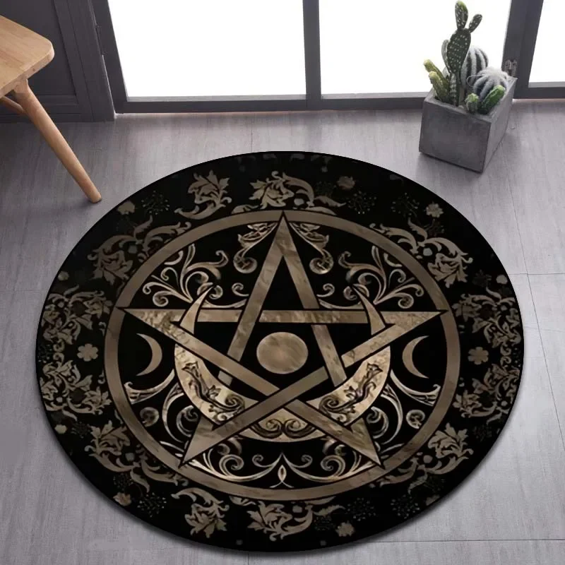 Pentacle Symbol Rug, Pentagram Patterned Round Carpet, Satan Devil's Trap, White on Black Supernatural Carpet bedroom decor