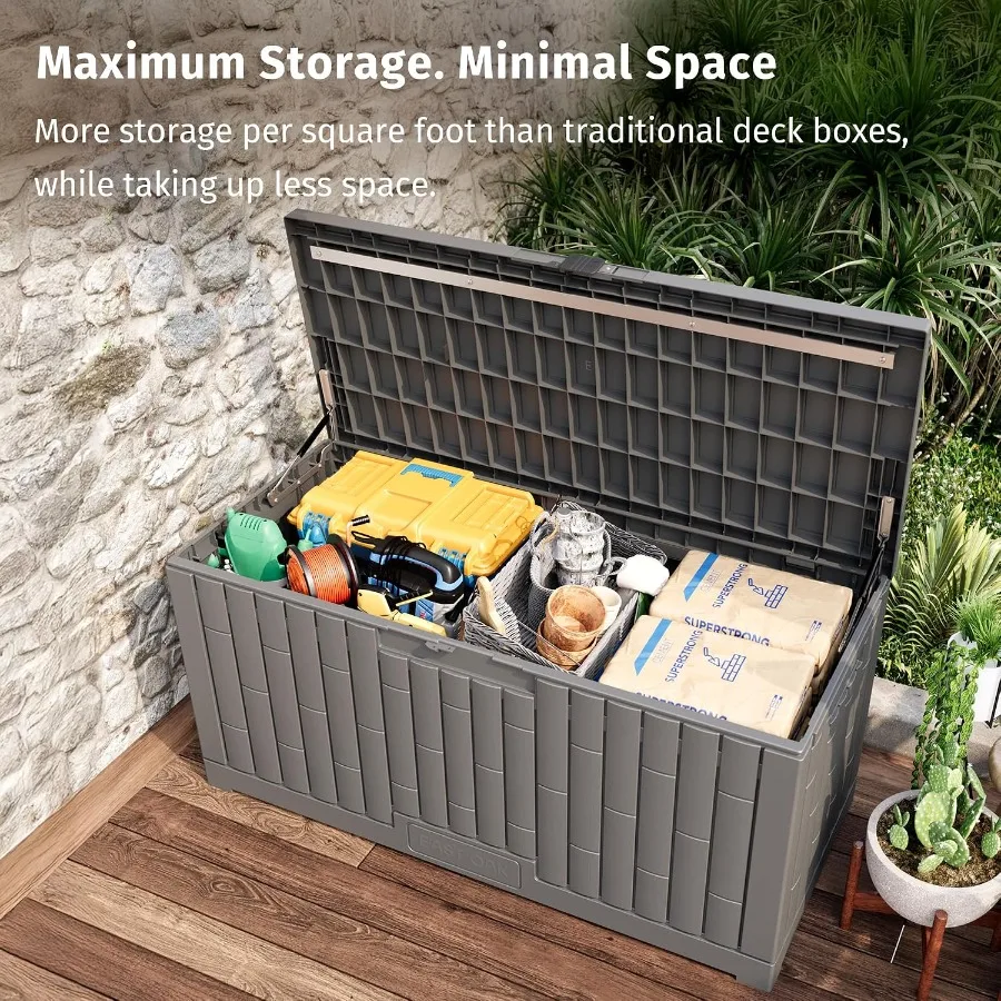 Outdoor Storage Box for Patio Use Resin Material in Gray Waterproof UV-Resistant with Reinforced Stainless Steel Support 120 Ga