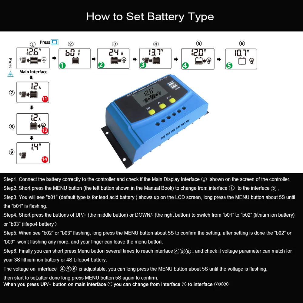 Imagem -04 - Controlador de Carga Solar com Display Chumbo Ácido Battery Pwm 3s 6s Íon de Lítio 4s 8s Lifepo4 12v 24v