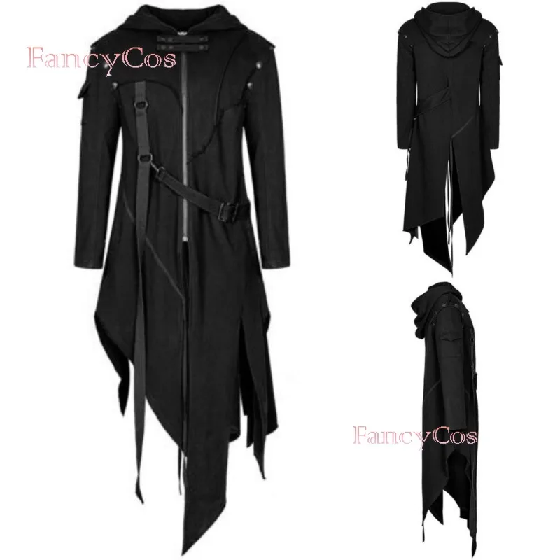 

Vintage Halloween Medieval Steampunk Assassin Elves Pirate Costume Adult Men Black Long Split Jacket Gothic Armor Leather Coats