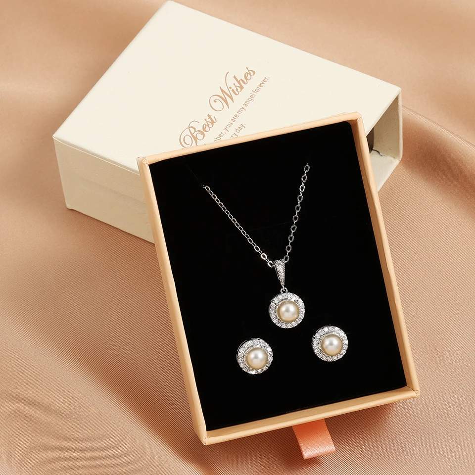 ZAKOL Simple Fashion Imitation Pearl Earrings Necklace Jewelry Set With Box AAA Zircon Ear Neck Accessories Women Birthday Gift