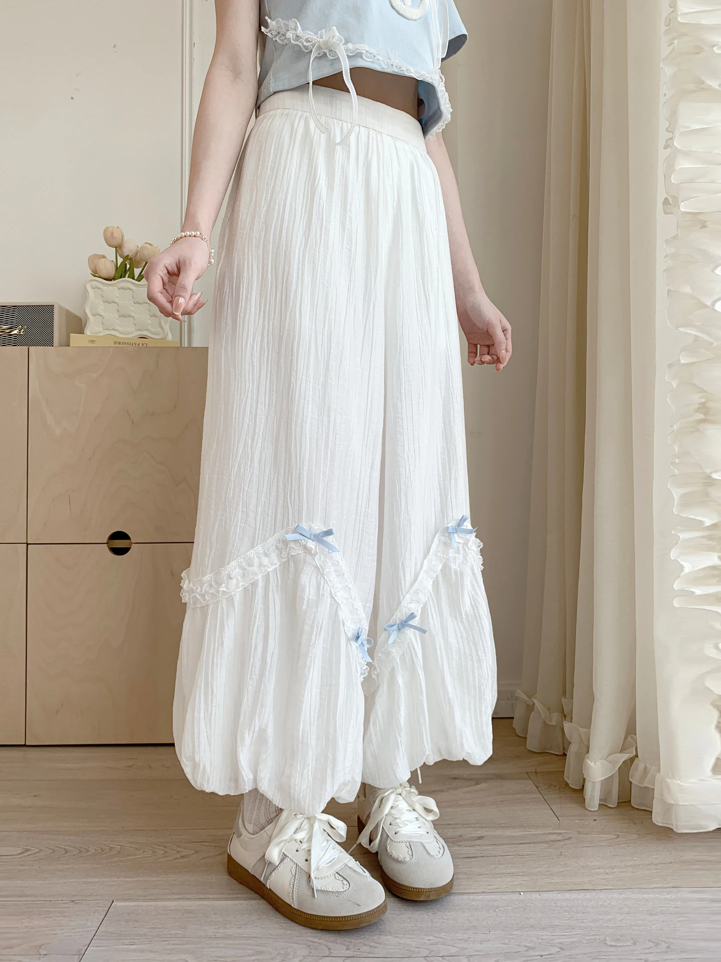 Sweet High Waist Wide Leg Pants Women's New Lace Design Loose Meat Covering Flower Bud Long Pants Summer Casual Trousers