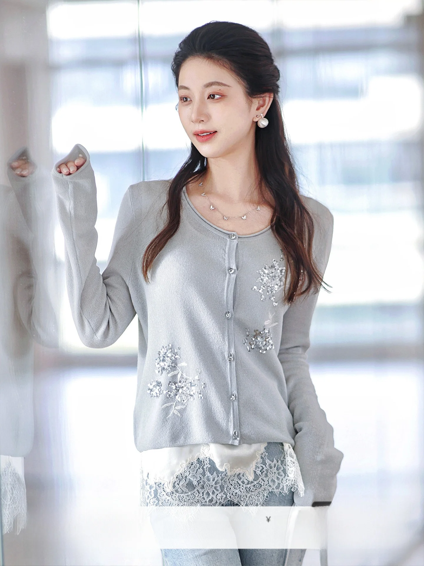 

BlingBling round Neck Knitted Sweater Embroidered Linen Lyocell Fringed Casual Style Women's Long Sleeve Plant Floral Pattern