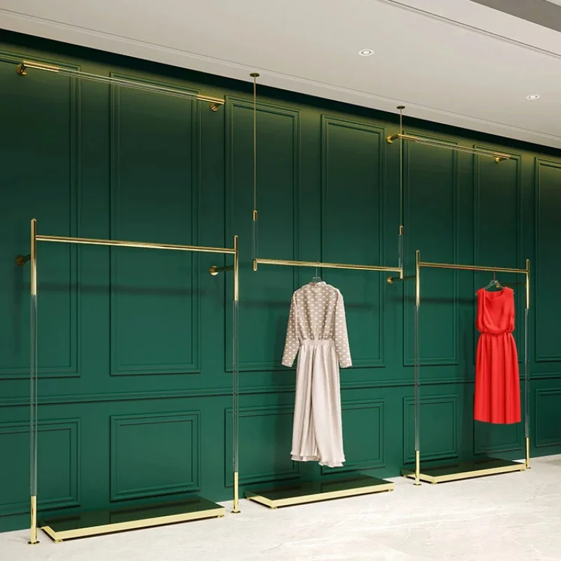 custom.Retail Clothes Shops Boutique Wall Mounted Garment Stand Stainless Steel Shiny Gold Hang hape Clothing Rack on Ceiling