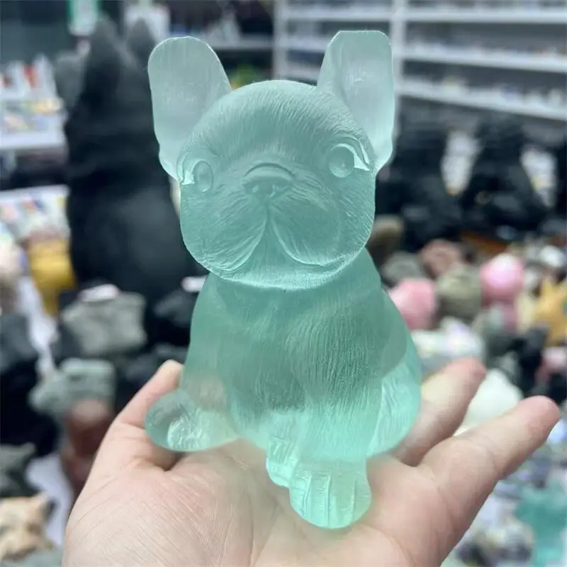 12CM Natural Glass Cartoon Dog French Bulldog Carving Healing Crystal Animals Figurines Reiki Stones Home Decoration Gift 1PCS