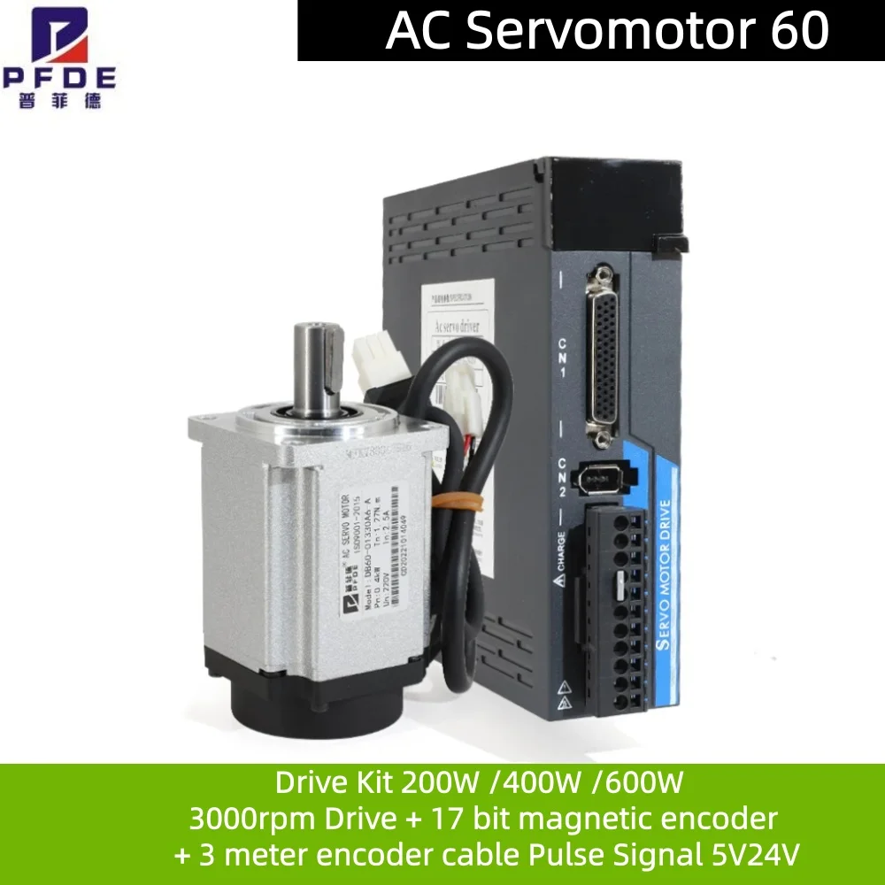 

AC Servomotor 60 Drive Kit 200W 400W 600W 3000rpm Drive + 17 bit magnetic encoder + 3 meter encoder cable Pulse Signal 5V24V