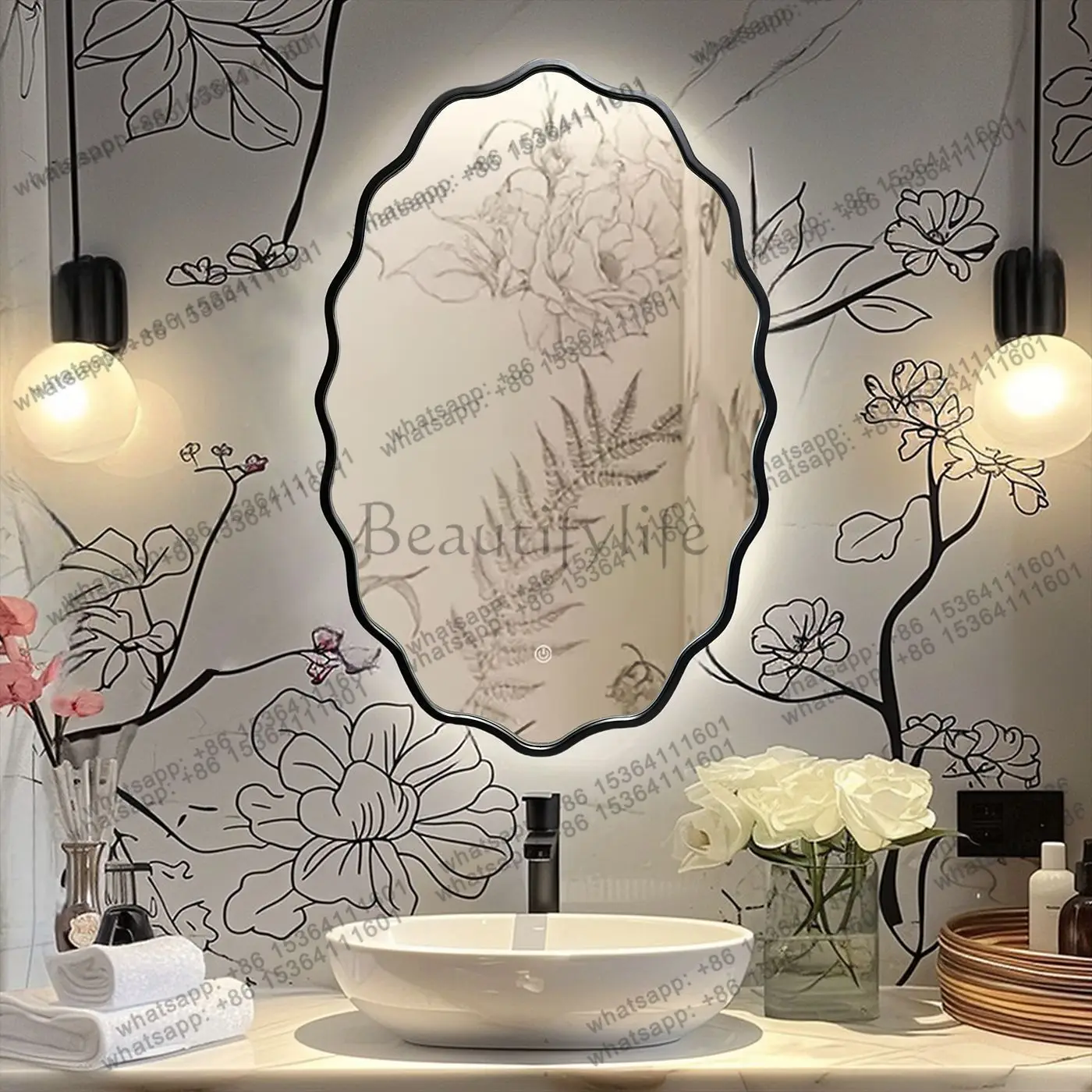 PG light luxury decorative mirror wall hanging bedroom wall hanging special-shaped makeup European French mirror bathroom