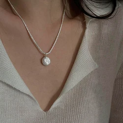 Gargantilla de cadena de plata de ley S925 para mujer, colgante de perlas de concha redonda, collar Simple, regalo de boda, joyería fina de Boutique