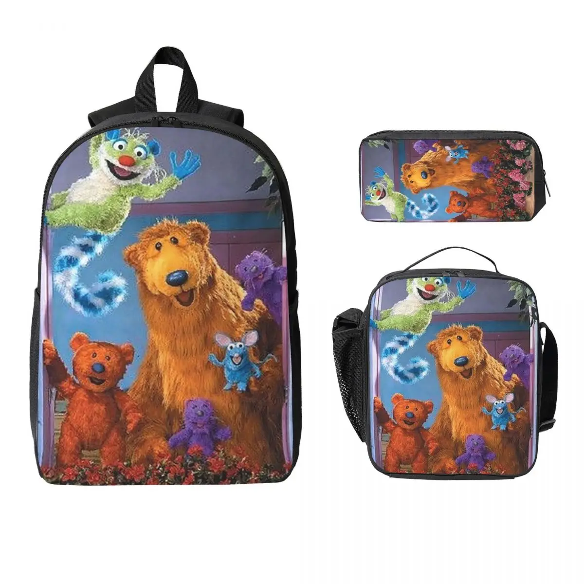 큰 파란색 집에 있는 곰 배낭 남아 여아 책가방 학교 가방 컴퓨터 숄더백 3ps 보온 도시락 가방 필통