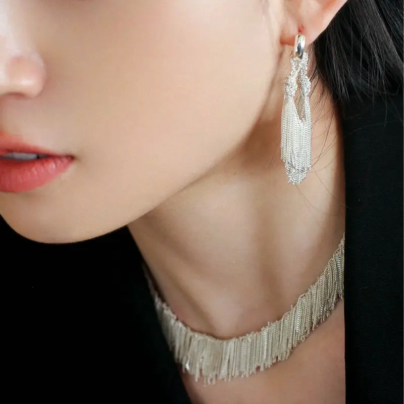 Brass Chunky Tassel Drop Earrings Women Jewelry Punk Party T Show Gown Runway Korean Japan INS