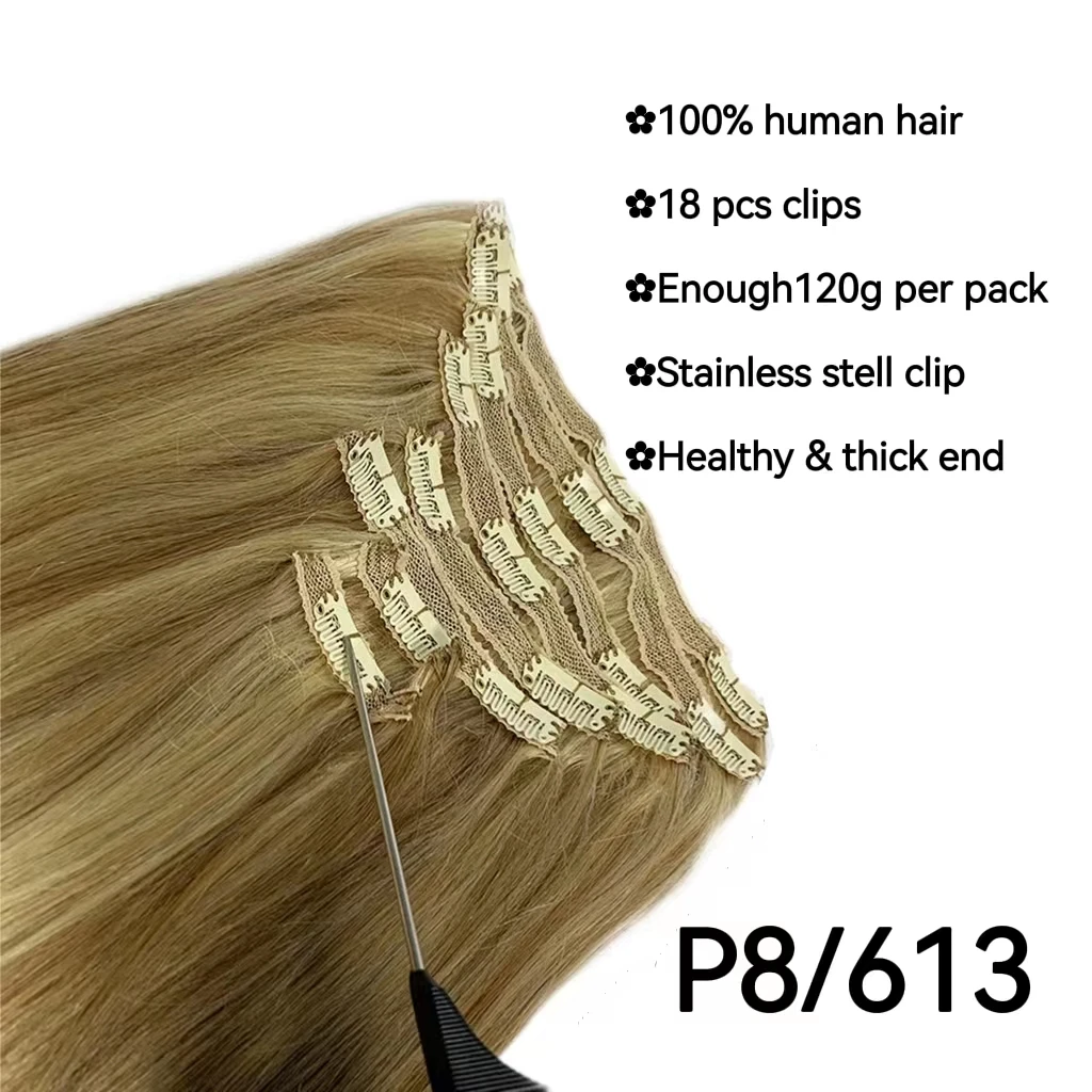 Grampo reto brasileiro em extensões do cabelo humano, Remy, natural, #8, #613 cor, 8-26 \